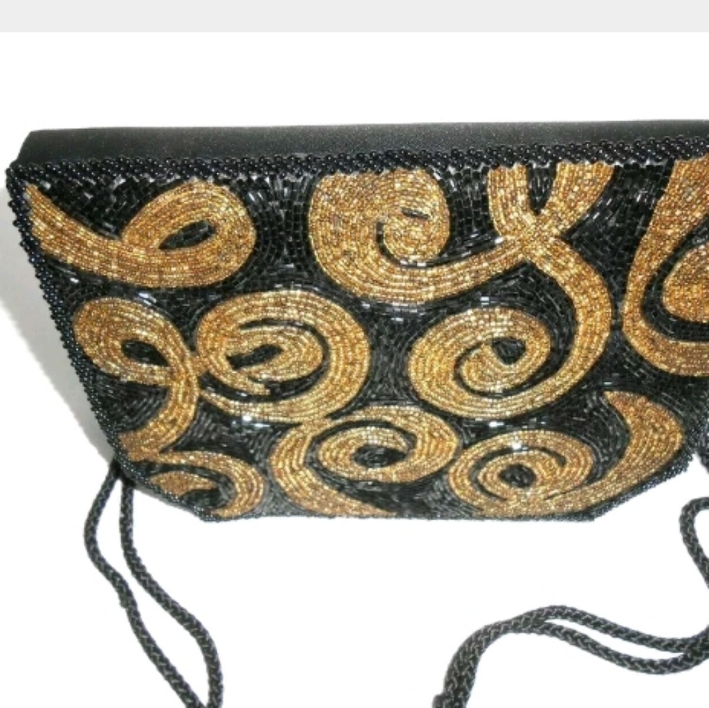 Vintage Black & Gold Beaded Satin Clutch